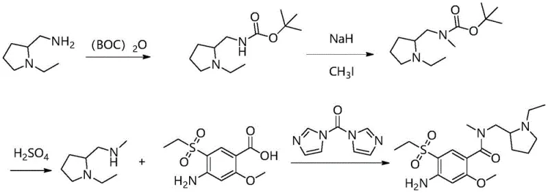 Prior art synthesis route showing multi-step preparation of the amine intermediate