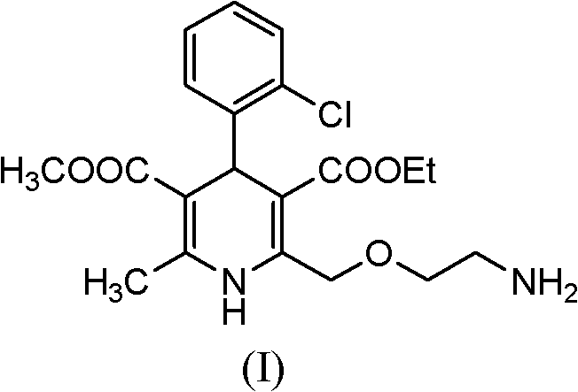 Chemical structure of Amlodipine (Formula I) showing the dihydropyridine core and side chains