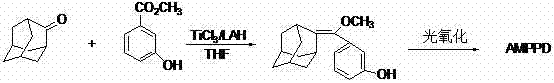 Reaction scheme showing the synthesis of AMPPD intermediate using TiCl4 and LAH