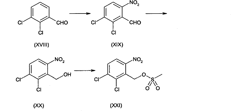 Scheme 4 showing the novel synthesis route from 2,3-dichlorobenzaldehyde to nitrobenzyl sulfonate intermediates