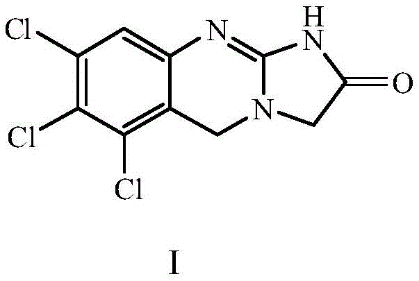 Chemical structure of Anagrelide trichloro derivative Formula I showing the trichloro-substituted imidazoquinazolinone core