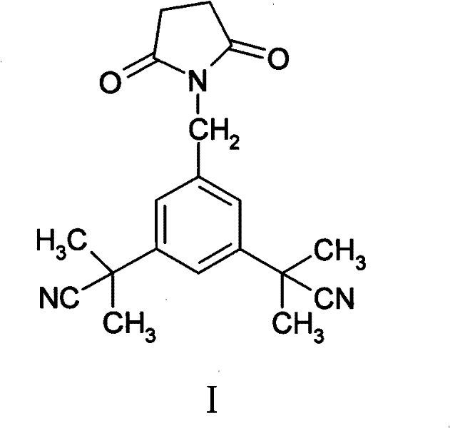 Chemical structure of the Anastrozole succinimide impurity (Formula I) featuring the central benzene ring flanked by cyano-isopropyl groups and a succinimide moiety