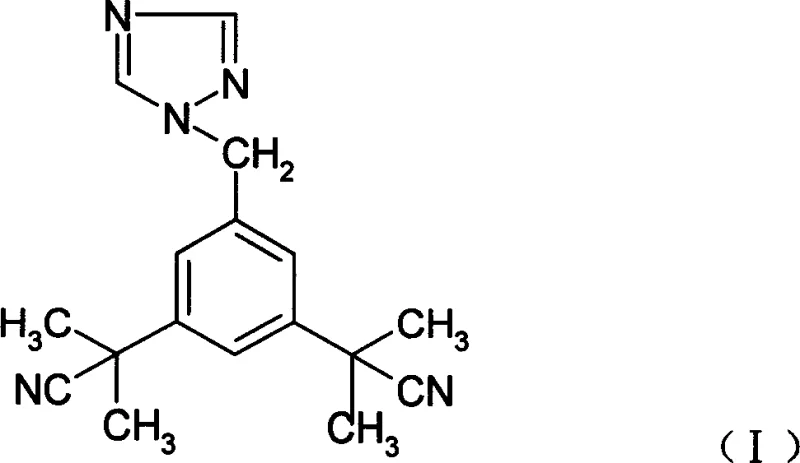 Chemical structure of Anastrozole (I) showing the triazole ring and nitrile groups