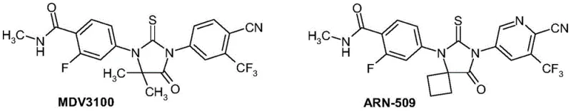 Chemical structures of MDV3100 and ARN-509 showing the core spiro-hydantoin scaffold