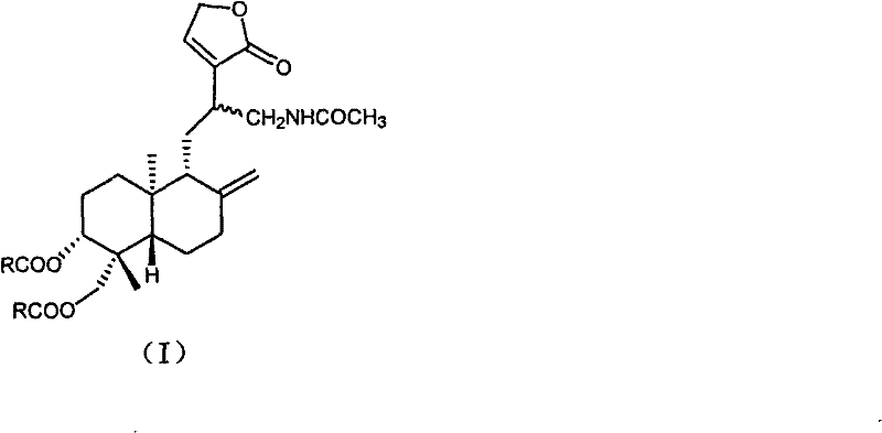 General chemical structure of substituted andrographolide derivative Formula I showing variable R groups