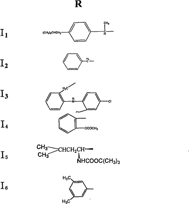 Specific examples of synthesized derivatives I1 through I6 showing different R group substitutions