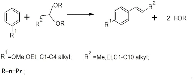 General reaction scheme showing the synthesis of aryl olefins from aromatic compounds and aliphatic acetals catalyzed by solid acids