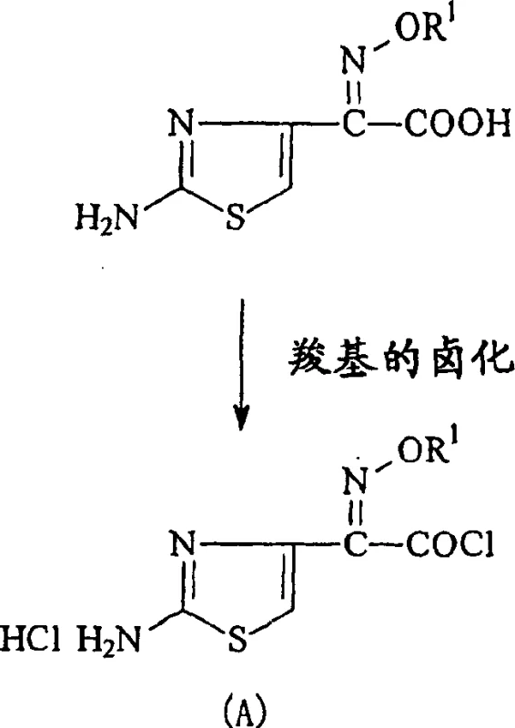 Reaction scheme showing conversion of aminothiazole hydrate to anhydrous acid chloride