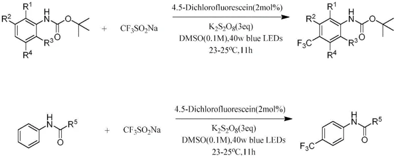 General reaction scheme showing visible-light photocatalyzed para-trifluoromethylation of aniline derivatives using 4,5-dichlorofluorescein catalyst