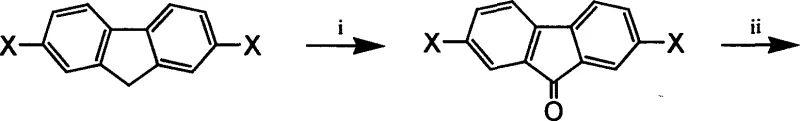 Synthetic route for 9-position fluorene monomer containing anthracene and pyrene showing oxidation, Grignard reaction, and Friedel-Crafts alkylation