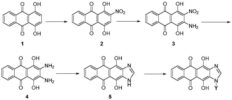 Synthetic route for the glycosyl acceptor 4,11-dihydroxyanthra[2,3-d]imidazole-5,11-dione from anthraquinone