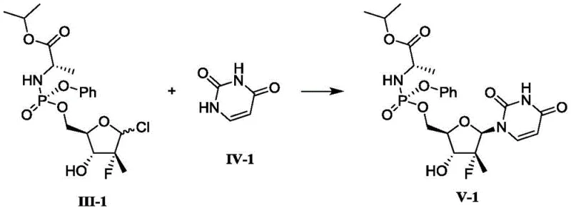 Specific reaction scheme for coupling phosphorylated intermediate with nucleobase