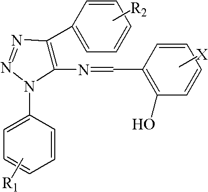 General chemical structure of 1-substituted phenyl-4-substituted phenyl-5-substituted salicylaldimine-1,2,3-triazole