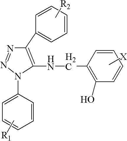 General chemical structure of 1-substituted phenyl-4-substituted phenyl-5-(2-hydroxyl substituted benzyl) amino-1,2,3-triazole compounds showing variable R1, R2, and X substituents