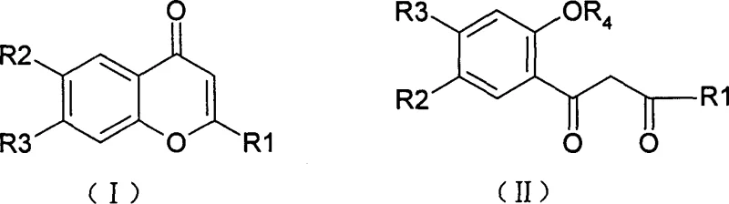 General chemical structures of Formula I chromone compounds and Formula II ring-opened products showing variable substituents R1 through R4