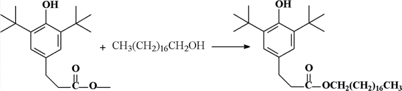 Reaction scheme showing the transesterification of methyl ester and octadecanol to form Antioxidant 1076