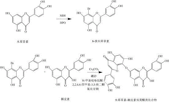 Reaction scheme showing the synthesis of luteolin-quercetin compound via 8-bromoluteolin intermediate and borax protection
