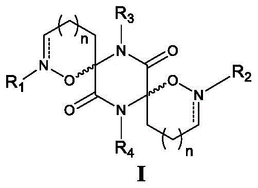 General chemical structure of Formula I showing the diazacyclospirodiketopiperazine core with variable R groups