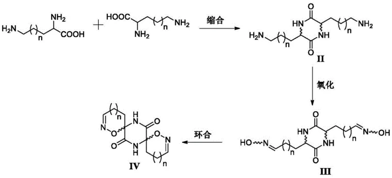 Synthetic route overview showing condensation, oxidation, and cyclization steps to form the spiro core
