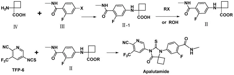 Complete synthetic route showing the condensation of Formula IV and III to form Intermediate II and final conversion to Apalutamide