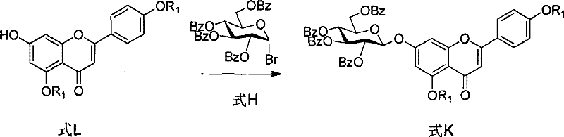 Reaction scheme showing the glycosylation of Formula L with Formula H to produce intermediate Formula K