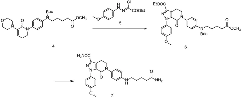 Reaction scheme detailing the cyclization with hydrazine derivative and final amidation to form Compound 7