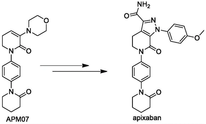 Chemical structure transformation showing the conversion of key intermediate APM07 into the final API Apixaban