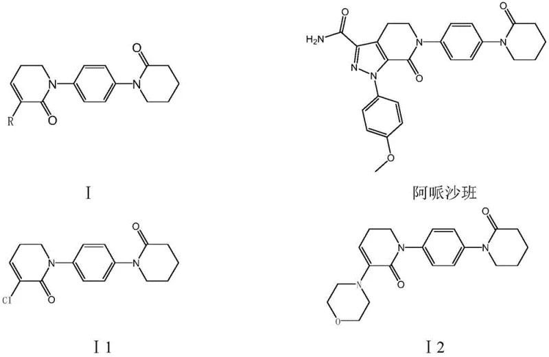 Chemical structures of Apixaban and key intermediates I, I1, and I2 showing the core 5,6-dihydropyridin-2-one scaffold
