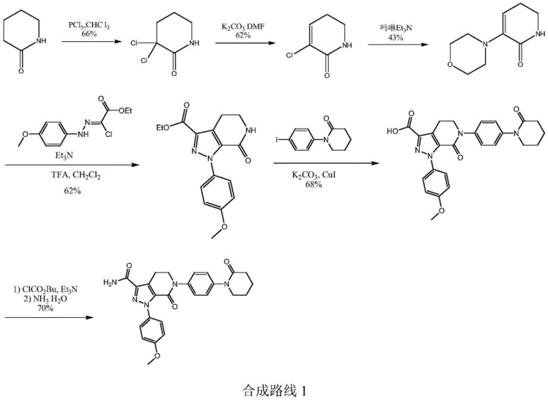 Prior art synthetic route 1 showing complex steps and low yield