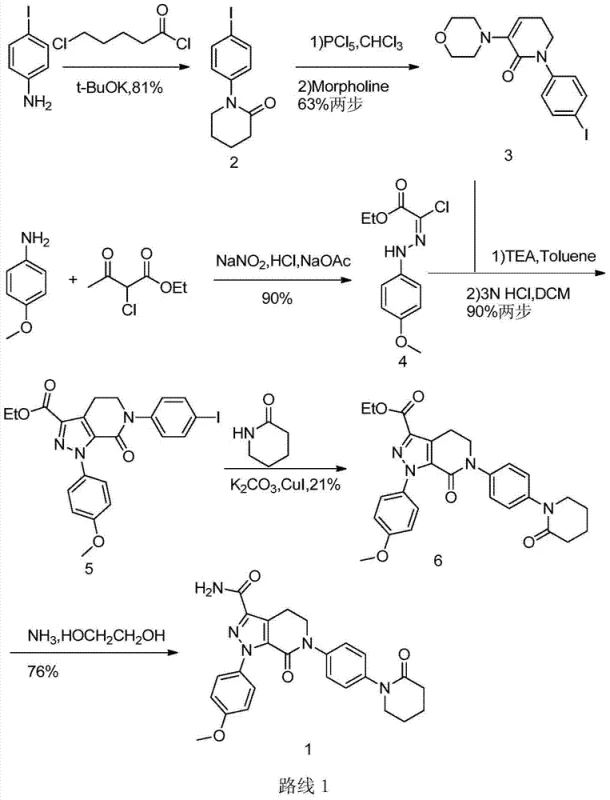 Prior art synthetic route 1 showing complex Ullmann coupling and low yield steps