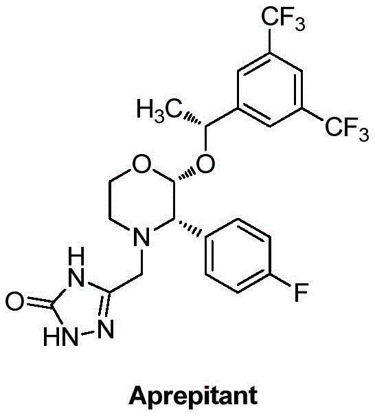 Chemical structure of Aprepitant showing three chiral centers