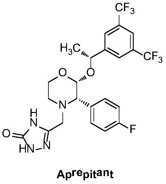 Chemical structure of Aprepitant showing three chiral centers