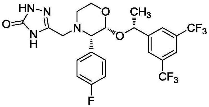 Chemical structure of Aprepitant showing three chiral centers