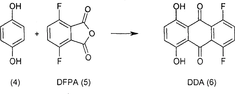 Friedel-Crafts acylation of para-hydroquinone with DFPA to form DDA intermediate in solvent