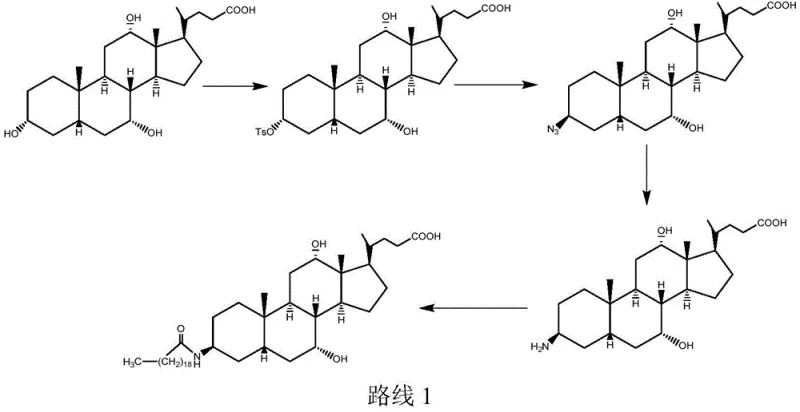 Conventional synthetic Route 1 showing poor selectivity and side reactions with tosyl chloride