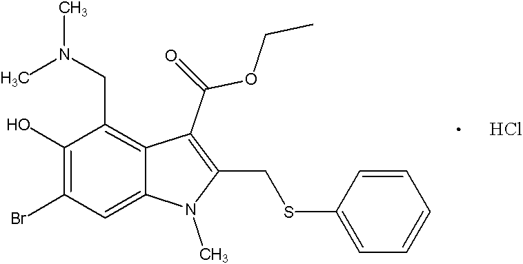 Chemical structure of Arbidol Hydrochloride showing the indole core and functional groups
