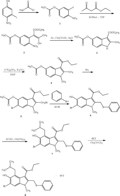 Complete synthetic route for Arbidol HCl starting from 3-iodo-4-nitrophenol