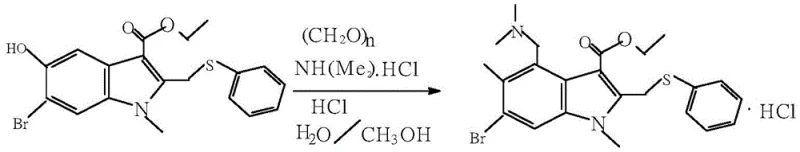 Chemical reaction scheme showing the one-pot Mannich reaction of indole derivative with paraformaldehyde and dimethylamine hydrochloride to form Arbidol Hydrochloride
