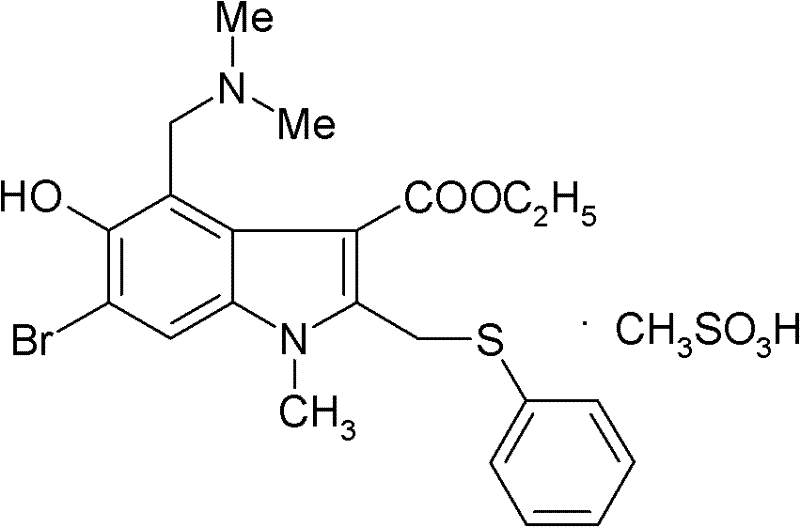 Chemical structure of Arbidol Mesylate showing the indole core and mesylate salt formation