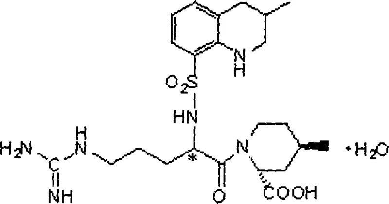 Chemical structure of Argatroban showing the complex arrangement of the quinoline sulfonyl group and the arginine moiety