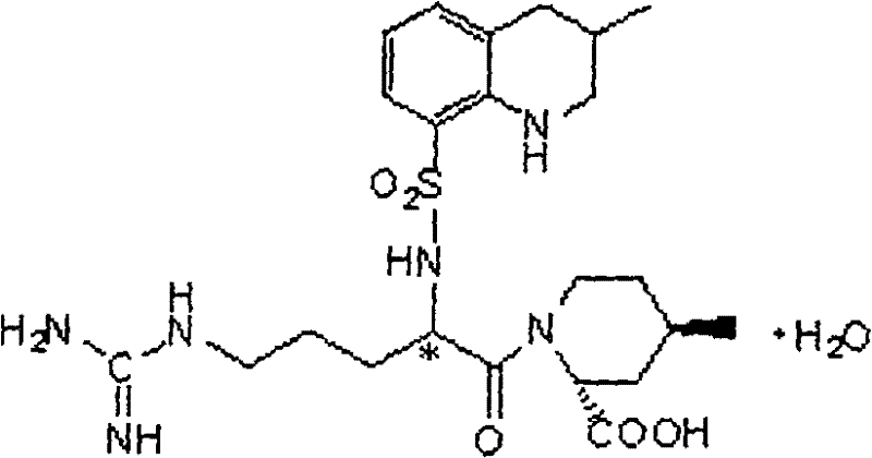 Chemical structure of Argatroban monohydrate showing the complex stereochemistry and functional groups required for thrombin inhibition