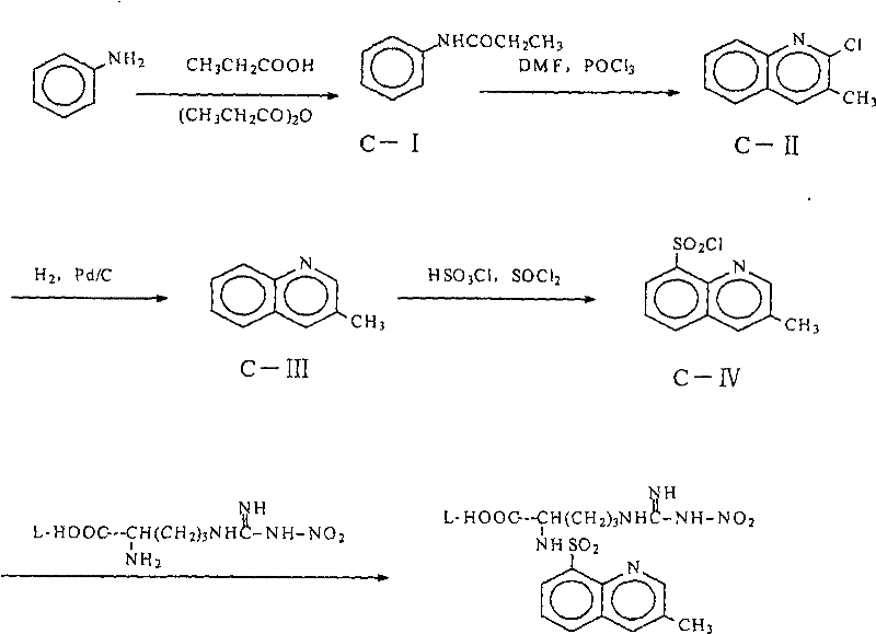Reaction scheme showing the coupling of 3-methyl-8-quinoline sulfonyl chloride with nitro-arginine derivative