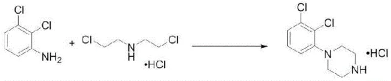 Reaction equation showing the synthesis of 1-(2,3-dichlorophenyl)piperazine hydrochloride from 2,3-dichloroaniline