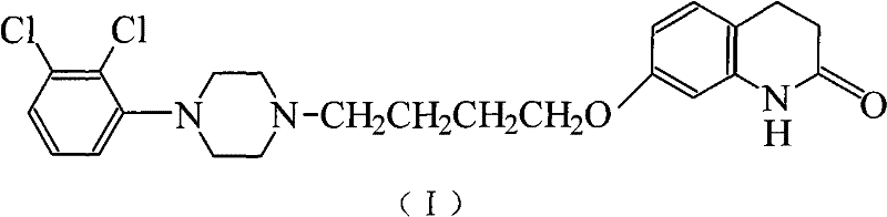 Chemical structure of Aripiprazole (Formula I) showing the 7-butoxy-3,4-dihydro-2(1H)-quinolinone core linked to a dichlorophenyl piperazine moiety