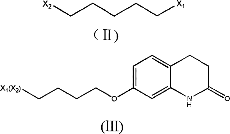 Reaction scheme showing Formula II (dihalobutane chain) and Formula III (ether intermediate) precursors used in the synthesis