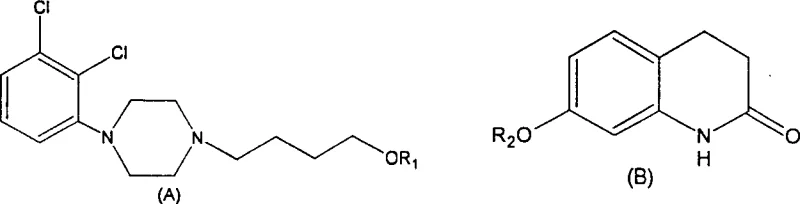 General reaction scheme showing condensation of piperazine derivative A and quinolinone derivative B to form Aripiprazole