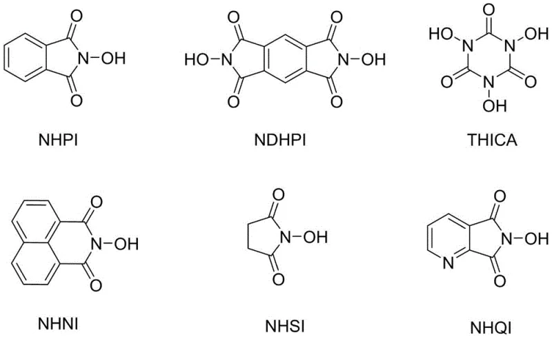 Chemical structures of various N-hydroxyimide derivatives including NHPI, NDHPI, THICA, and NHSI used as catalysts