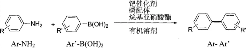 General reaction scheme showing the palladium-catalyzed cross-coupling of aromatic amines and boronic acids via in-situ diazotization