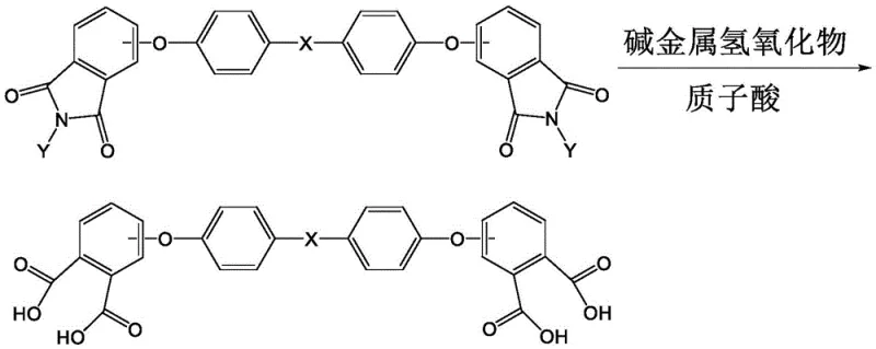 Hydrolysis reaction mechanism converting N-substituted dietherimide to diether tetraacid using alkali metal hydroxide
