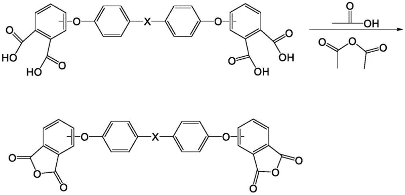 Cyclization and dehydration reaction converting diether tetraacid to aromatic diether dianhydride
